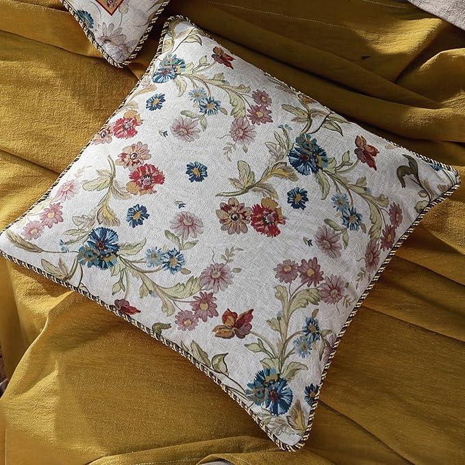 patdrea Designer Pack of 2 Square Throw Pillow Covers,Farmhouse Pink and Yellow Linen with Floral Pattern Pillows Cover,Decorative Pillowcases Cushion for Bed Living Room Outdoor Car,18"x18"