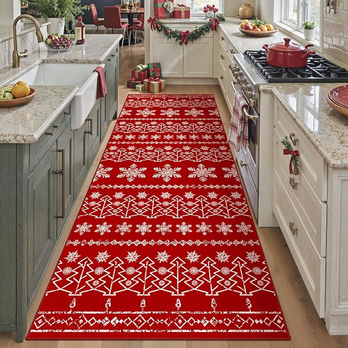 Christmas Runner Rug 3x10 Red Washable Carpet Xmas Snowflake Holiday Decor - Image 4