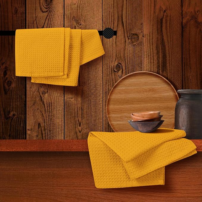 Mustard Yellow Waffle Kitchen Towels, 16x26 Inches, 100% Cotton, Fast Drying - Image 4