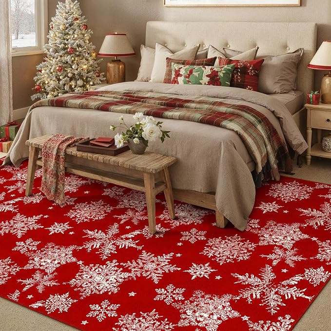 Red Area Rug 5x7 Christmas Living Room Carpet Snowflake Washable Kitchen Mat - Image 5