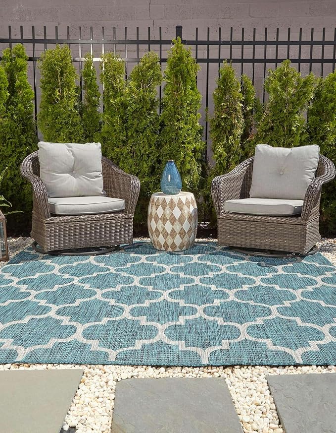 Unique Loom Outdoor Trellis Collection Area Rug (10' Square Teal/Gray)