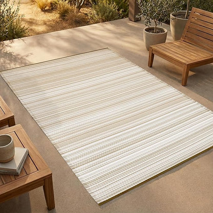 FH Home Outdoor Rug - Waterproof, Fade Resistant, Reversible - Premium Recycled Plastic - Striped - Patio, Deck, Porch, Balcony - Havana - Beige Crease Free - 5 x 8 ft
