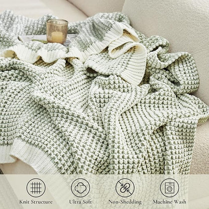 Amélie Home Waffle Chenille Throw Blanket for Couch, Pineapple Stitch Knit Soft Cozy Knit Blanket Decorative Throw for Sofa, Chair, 50"x60", Sage Green&Ivory