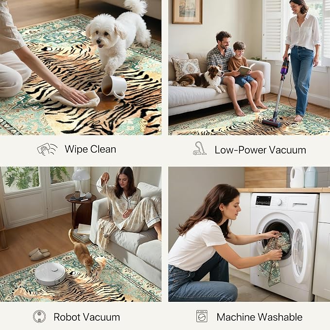 Bavni 5x7 Tiger Rug, Machine Washable Animal Print Low Pile Boho Woodland - Image 7
