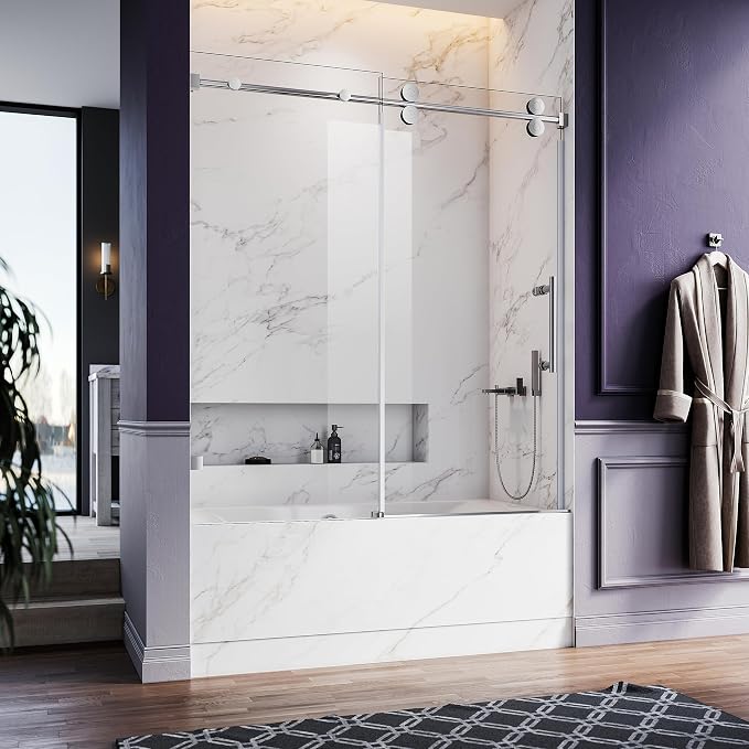 56-60 Inch x 66 Inch Sliding Frameless Bathtub Door, 3/8" Tempered Glass by UNIKOOSHOWERDOOR