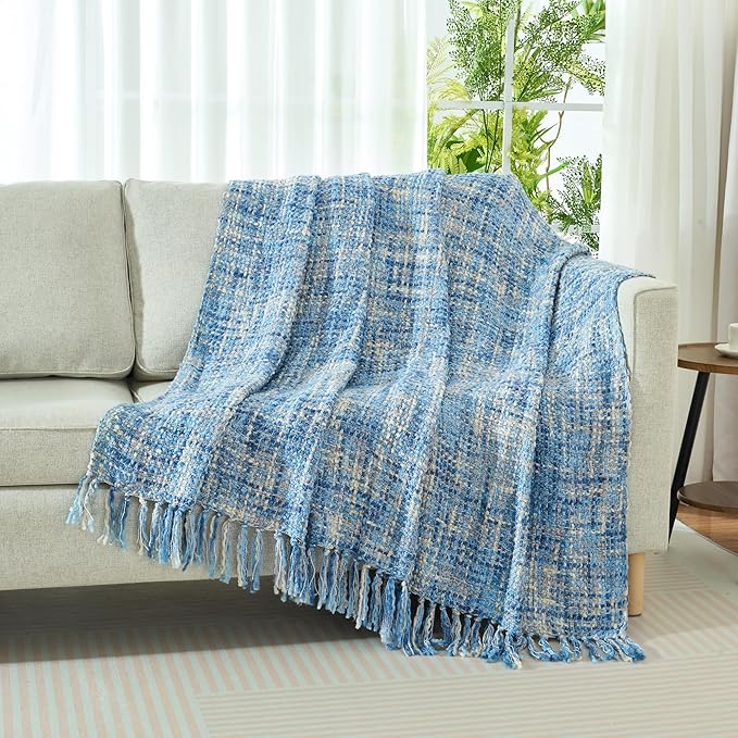 Multi-Color Light Blue Cable Knitted Throw Blanket for Couch,60"X80" Boho Style Textured Blankets for Home Decor,Super Soft Warm Cozy Chunky Knit Blanket with Decorative Tassels for Bed