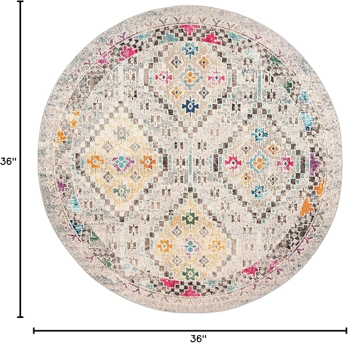 SAFAVIEH Madison Collection 3' Round Grey / Yellow MAD418F Boho Diamond Distressed Non-Shedding Dining Room Entryway Foyer Living Room Bedroom Area Rug