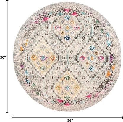 SAFAVIEH Madison Collection 3' Round Grey / Yellow MAD418F Boho Diamond Distressed Non-Shedding Dining Room Entryway Foyer Living Room Bedroom Area Rug