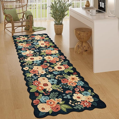 DUKINO 2.6x8 Runner Rug for Hallway, Washable Kitchen Rug with Non Slip Backing & Non-Shediing, Soft Low Pile Floral Design Runner for Bedroom, Kithchen, Living Room, Laundry, Bathroom, Navy Blue