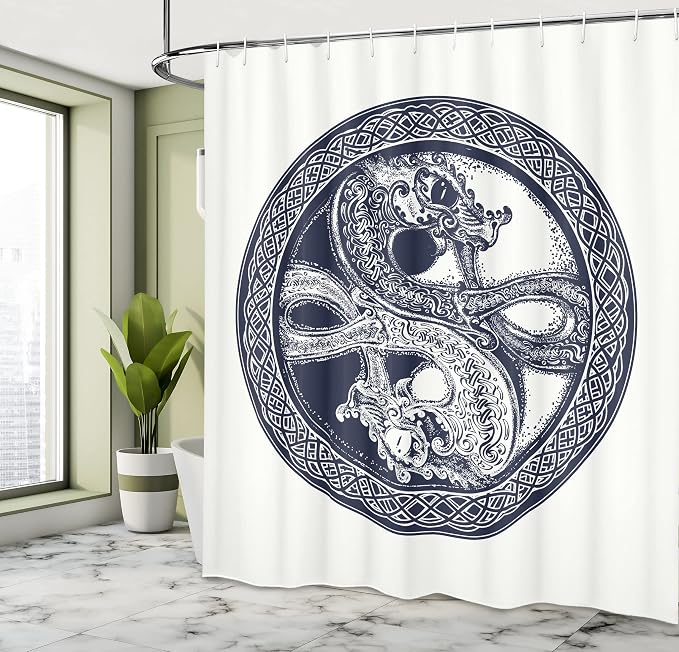 Ambesonne Celtic Dragon Shower Curtain, Mystic Yin Yang Creatures in Round Frame - Image 4
