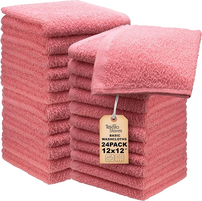 Basic Wash Cloths 12x12 Inches – Bulk Pack of 24 – Rose Pink Color – Soft and by TEXTILA