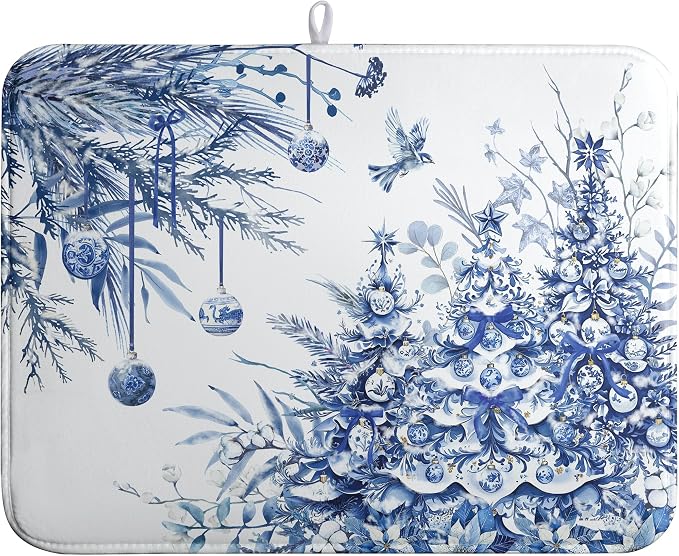 Christmas Tree Dish Drying Mat for Kitchen Counter 18x24 Inch Blue White by Wnoesat