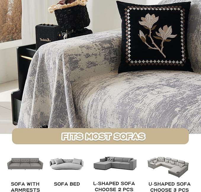 MEETSKY Couch Cover for Sectional Sofa Set Abstract Geometric Chenille Sofa Cover Washable for Dog Friendly, Couch Cover 3 Seat Couch Protector Multi-Use Blanket for Living Room, 91"x150", Light Grey