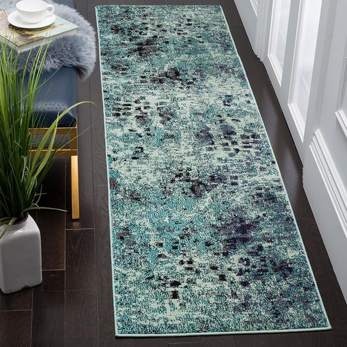 SAFAVIEH Monaco Collection Area Rug - 6'7" Square, Grey & Light Blue, Boho Chic Abstract Watercolor Design, Non-Shedding & Easy Care, Ideal for High Traffic Areas in Living Room, Bedroom (MNC225E)