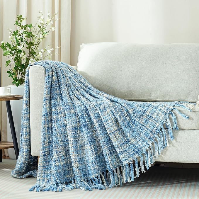 Multi-Color Light Blue Cable Knitted Throw Blanket for Couch,60"X80" Boho Style Textured Blankets for Home Decor,Super Soft Warm Cozy Chunky Knit Blanket with Decorative Tassels for Bed