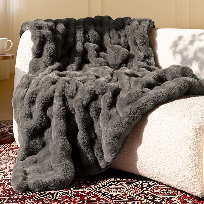 Ultra Soft Cozy Faux Fur Throw Blanket-Fuzzy Plush Thick Bubble Blanket, Fluffy Blanket for Couch, Sofa, Bedroom, and Living Room, 50x60 Inches, Dark Grey Taupe