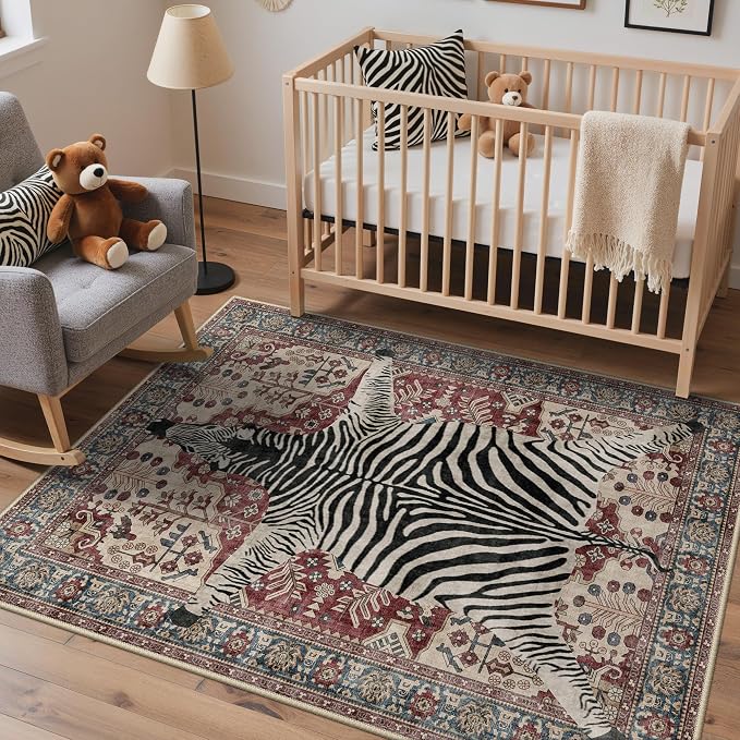 Bavni 5x7 Zebra Rug, Machine Washable Animal Print Low Pile Boho Carpet by BAVNI