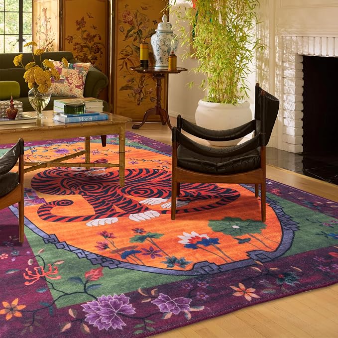 Vintage Tiger Rug Washable 10x8 ft Oriental Traditional Animal Print - Image 3