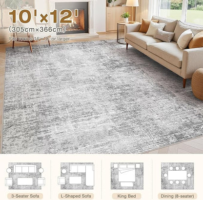 Abstract Living Room Rug 10x12 - Modern Washable Soft Thin Area Rug for Living Room Bedroom Under Dining Table - Neutral Indoor Floor Rug Carpets for Home Office Playroom Nursery - Grey White