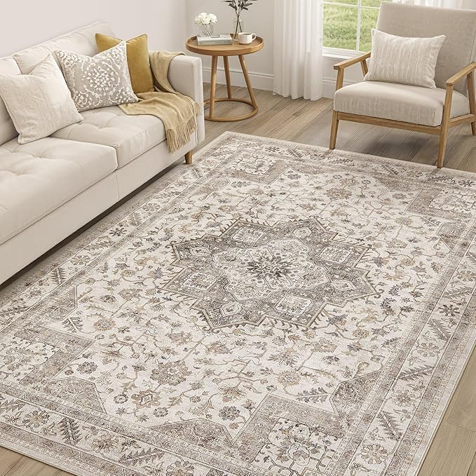 Vintage Living Room Area Rug 7x9 - Large Soft Washable Oriental Traditional Distressed Farmhouse Rugs for Bedroom - Indoor Floor Accent Carpet for Home Office House Decor - Light Brown