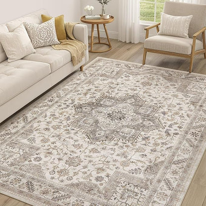 Vintage Living Room Area Rug 7x9 - Large Soft Washable Oriental Traditional Distressed Farmhouse Rugs for Bedroom - Indoor Floor Accent Carpet for Home Office House Decor - Light Brown