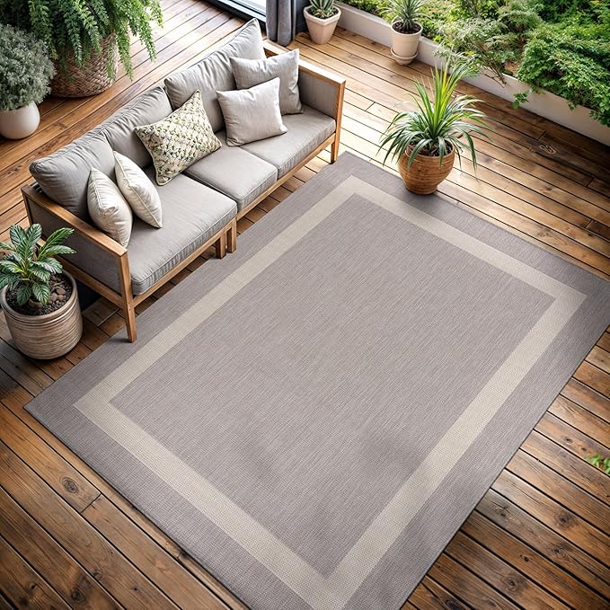 CAMILSON Outdoor Rug 8x10,Modern Outside Rugs for Patios Porches Waterproof Durable Washable Non-Shedding, Easy-to-Clean Indoor Outdoor Area Carpet (8 x 10, Bordered - Gray/White)