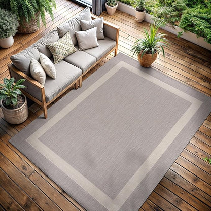 CAMILSON Outdoor Rug 8x10,Modern Outside Rugs for Patios Porches Waterproof Durable Washable Non-Shedding, Easy-to-Clean Indoor Outdoor Area Carpet (8 x 10, Bordered - Gray/White)
