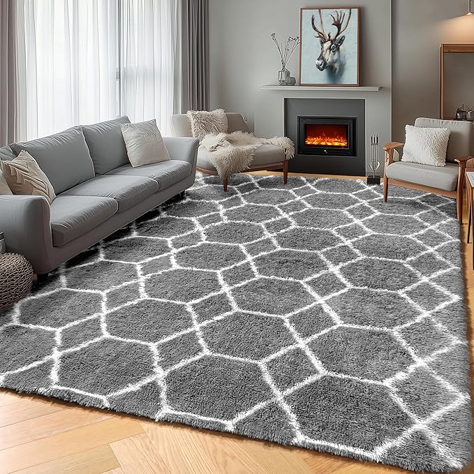 ONASAR Area Rugs for Bedroom Living Room, Washable 4x6 Fluffy Grey and White Floor Rug, Shaggy Geometric Soft Plush Fuzzy Carpet for Nursery Teen Playroom Dorm Office Home Decor Aesthetic