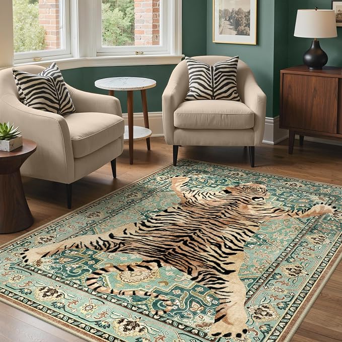 Bavni 3x5 Tiger Rug, Machine Washable Animal Print Low Pile Boho Woodland - Image 2