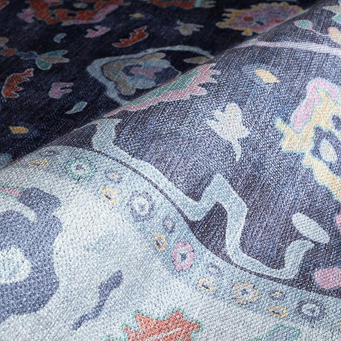 Fame Rugs Navy Blue Modern Oushak Rug 8x10, Vintage Turkish Colorful Oriental Washable Antique Inspired Large Area Rugs, Luxury Living Room Bedroom (388NB, 7'6 x 10')