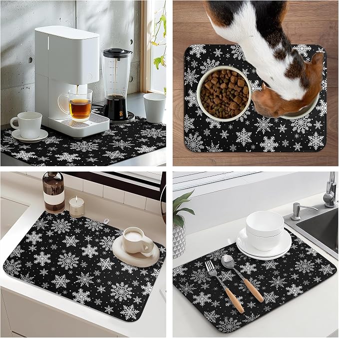 Winter Snowflake Black Dish Drying Mat Christma Snowflakes Large Kitchen Mats - Image 7
