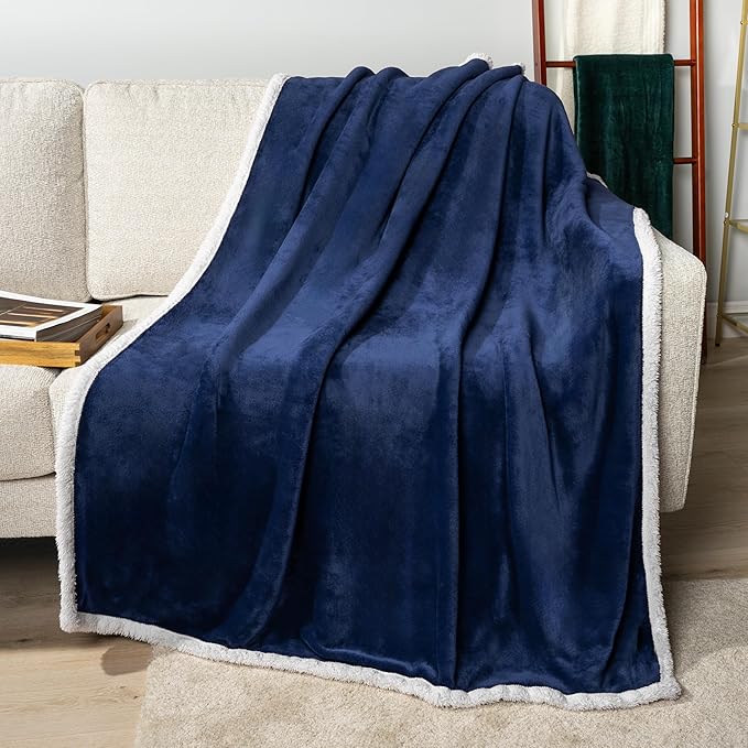 Pavilia Sherpa Fleece Blanket - Queen Size, Navy Blue, Plush Soft Fuzzy, Reversible Winter Blanket for Women & Men, 90x90 Inches