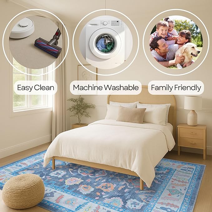 Fame Rugs Blue Modern Oushak Rug 6x9, Vintage Turkish Colorful Oriental Antique Inspired Washable Large Area Rugs, Luxury Living Room Bedroom (387BNB, 6' x 9')