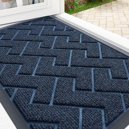 OLANLY Front Door Mat Indoor Outdoor Entrance, Waterproof All-Season, All-Weather Doormat, Sturdy Natural Rubber, Low Profile, Easy Clean Patio Porch Entryway Mat, Herringbone Brick (Blue, 71x23)