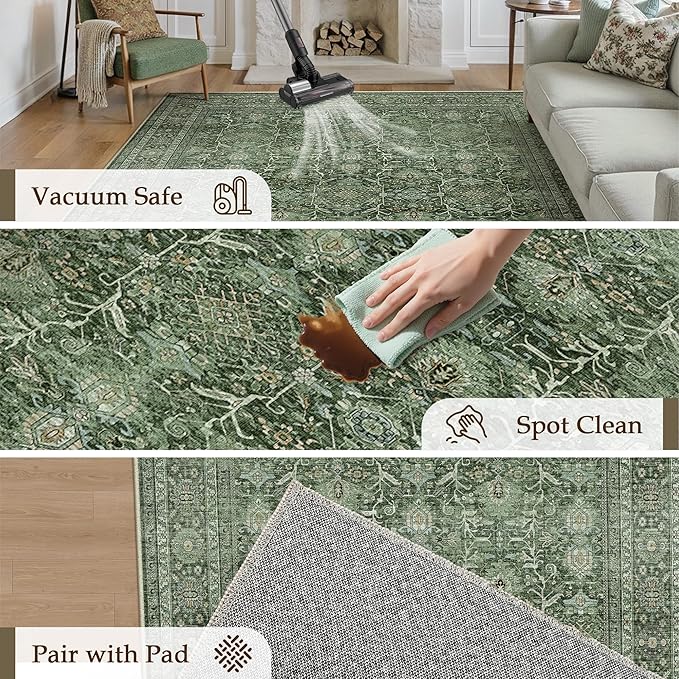 Green Area Rug 2x3 Entryway Washable Soft Carpet Vintage Non Slip Indoor Kitchen Entrance Door Mat Traditional Retro Distressed Small Thicker Throw Rug Bathroom Laundry Bedroom