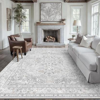 Grey 8x10 Area Rug Washable Vintage Carpet for Living Room Bedroom Large Soft Retro Floral Low Pile Thin Indoor Rug Non Slip Central Medallion Floor Cover for Dining Room Office