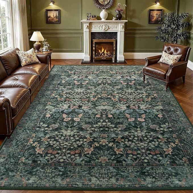 8x10 Washable Area Rug for Living Room, Large Vintage Dark Green Floral Rugs by CILEPMID-TimelessComfort