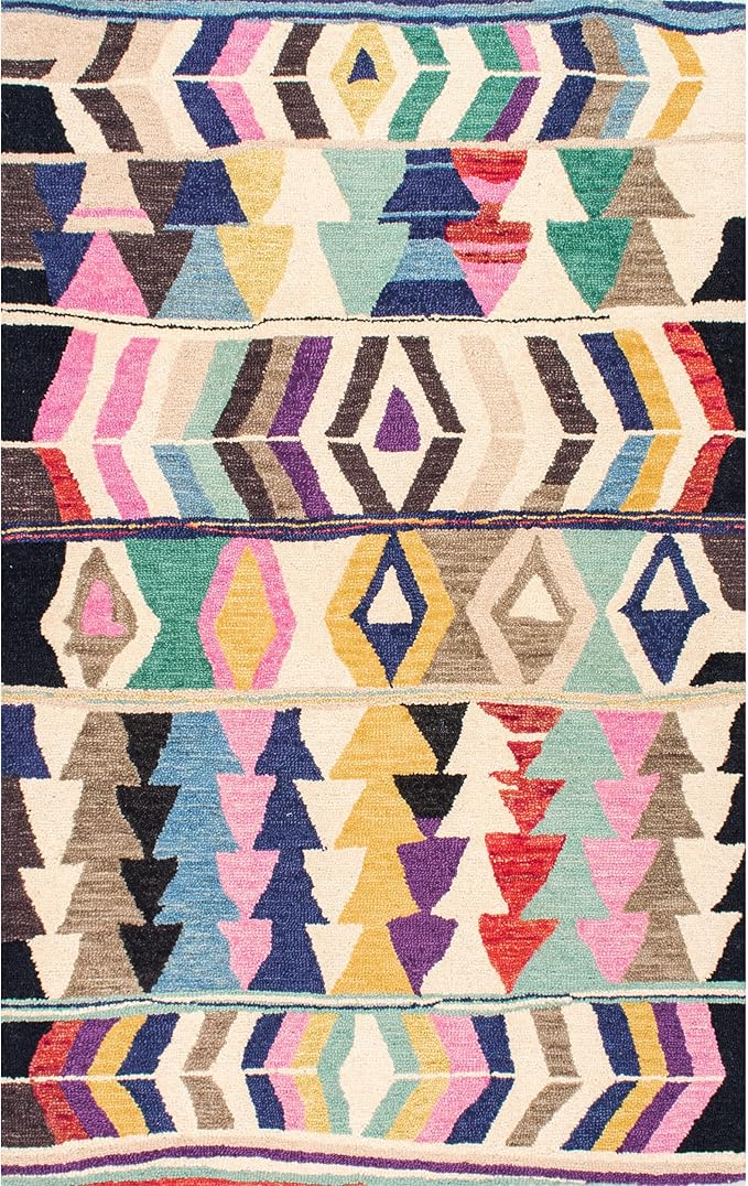 Nuloom Ofelia Handmade, Multicolor/Black, 5' x 8', Geometric, Wool, Soft and Cozy, High Traffic, Stain Resistant, Easy Clean, Durable Runner for Bedroom, Living Room, Dining, Den, Foyer