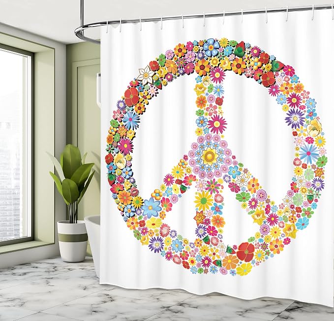 Ambesonne Groovy Shower Curtain, Floral Peace Sign Summer Spring Blooms Love - Image 4