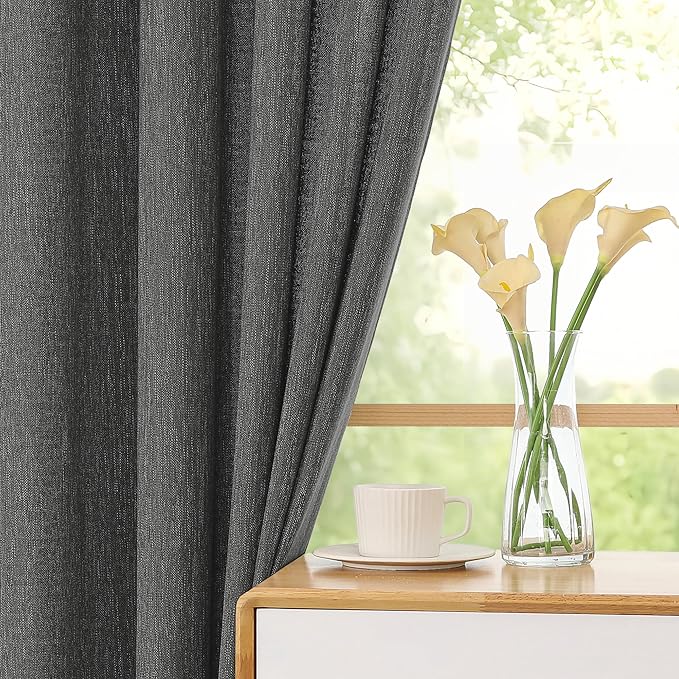 Simplebrand Grey Faux Linen Textured Semi Sheer Curtains 96 Inches Long 2 Panels Set, Light Filtering Soft Thick Farmhouse Curtains Window Treatment for Bedroom/Living Room/Dining Room, 50 x 96 Inch