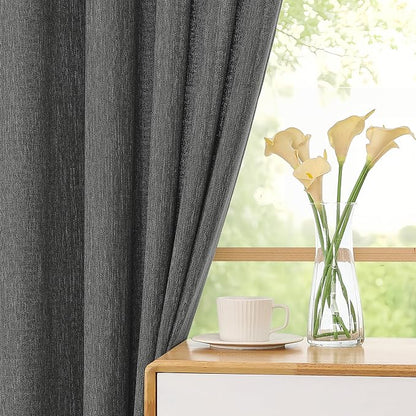 Simplebrand Grey Faux Linen Textured Semi Sheer Curtains 96 Inches Long 2 Panels Set, Light Filtering Soft Thick Farmhouse Curtains Window Treatment for Bedroom/Living Room/Dining Room, 50 x 96 Inch