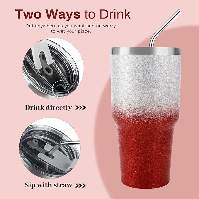 D·S 30 oz Tumbler Christmas Red Glitter Gradient Cup Stainless Steel Double - Image 3