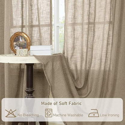 LAMIT Taupe Sheer Linen Curtains, 80 inch Light Filtering Semi Sheer Panels Back Tab and Rod Pocket Farmhouse Rust Drapes for Bedroom/Living Room, 2 Panels, 52 x 80 Inch