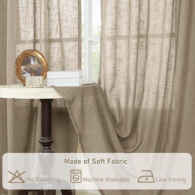 LAMIT Short Linen Curtains 30 Inch Length for Cafe, Semi Sheer Light Filtering Panels Back Tab and Rod Pocket Country Decor Drapes for Basement/Small Window, Taupe, 2 Panels, 34 x 30 Inch