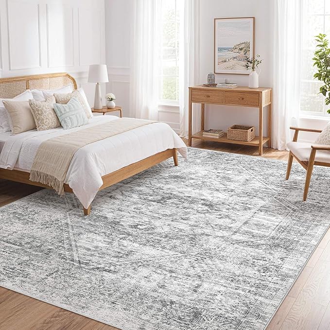 Vintage Living Room Area Rug 6x9 - Large Soft Washable Oriental Traditional Distressed Farmhouse Rugs for Bedroom - Indoor Floor Accent Carpet for Home Office House Decor - Distressed Grey