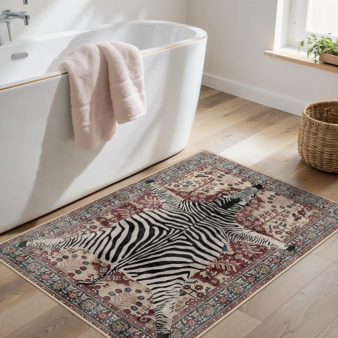 Bavni 2x3 Zebra Rug, Machine Washable Door Mat, Soft Animal Small Boho Rugs Non - Image 3