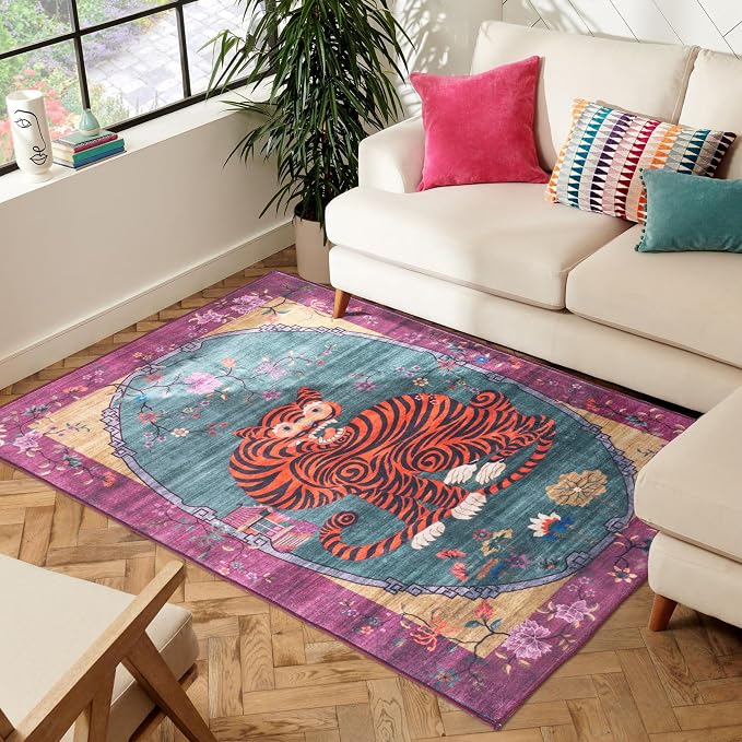 Tiger Rug Washable 3x5 ft Oriental Traditional Animal Print Vintage Fuchsia - Image 3