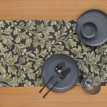 Solino Home 100% Pure Linen Table Runner 72 Inches Long - Floral Print Green and Brown Table Runner 14 x 72 Inch - Handcrafted and Machine Washable - Fallen Leaves Print