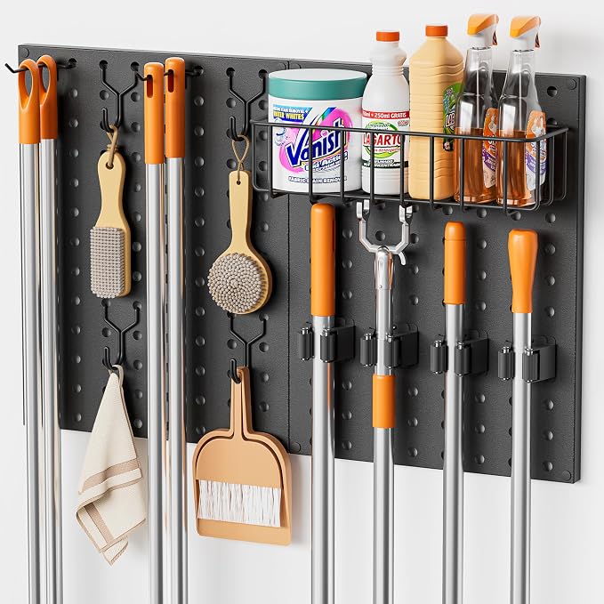 Broom Holder Wall Mount, Peg Board Wall Organizer by Olakee