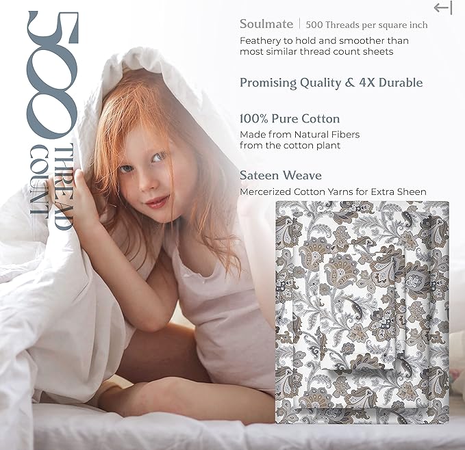 Mayfair Linen 100% Cotton Printed California King Cotton Sheets - 4 PC Cal King Size Bed Sheet Set Cotton (Floral Ivory), Soft, Cooling, Sateen Weave 16" Deep Pocket Bedsheet (Fits 18" Mattress)